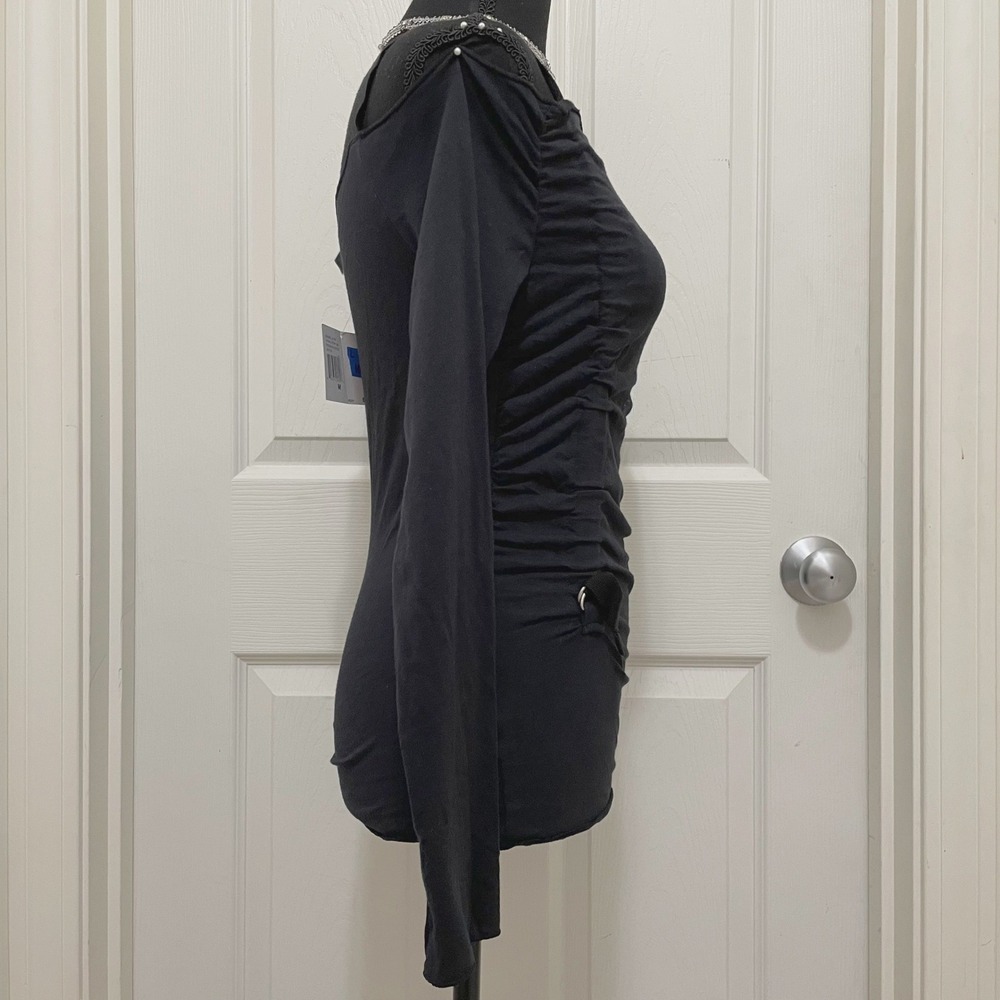 Vintage JLO by Jennifer Lopez Cold Shoulder Top Black M Ruched Y2K NWT Club Goth - Picture 2 of 9